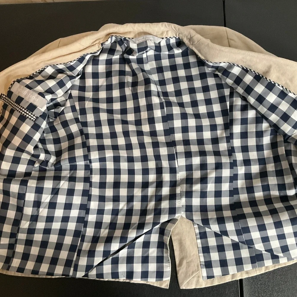 Nordstrom Blazer Kids‎ Sz 7 Tan Linen Gingham Lined Classic Preppy Suit Jacket